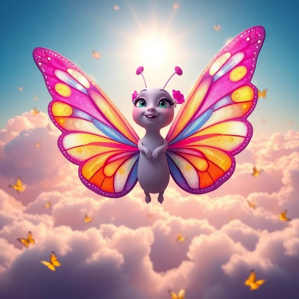 Lila the butterfly, looking triumphant, flying above the clouds with her colorful wings spread wide, sunlight shining around her, surrounded by other butterflies celebrating, a magical atmosphere, vibrant and enchanting