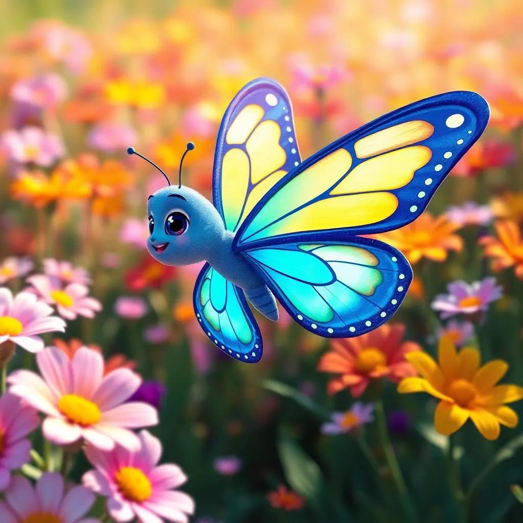 A beautiful butterfly named Luna, with bright blue and yellow wings, fluttering joyfully in a colorful flower garden, digital art, vibrant colors, sunny atmosphere, child-friendly, high quality
