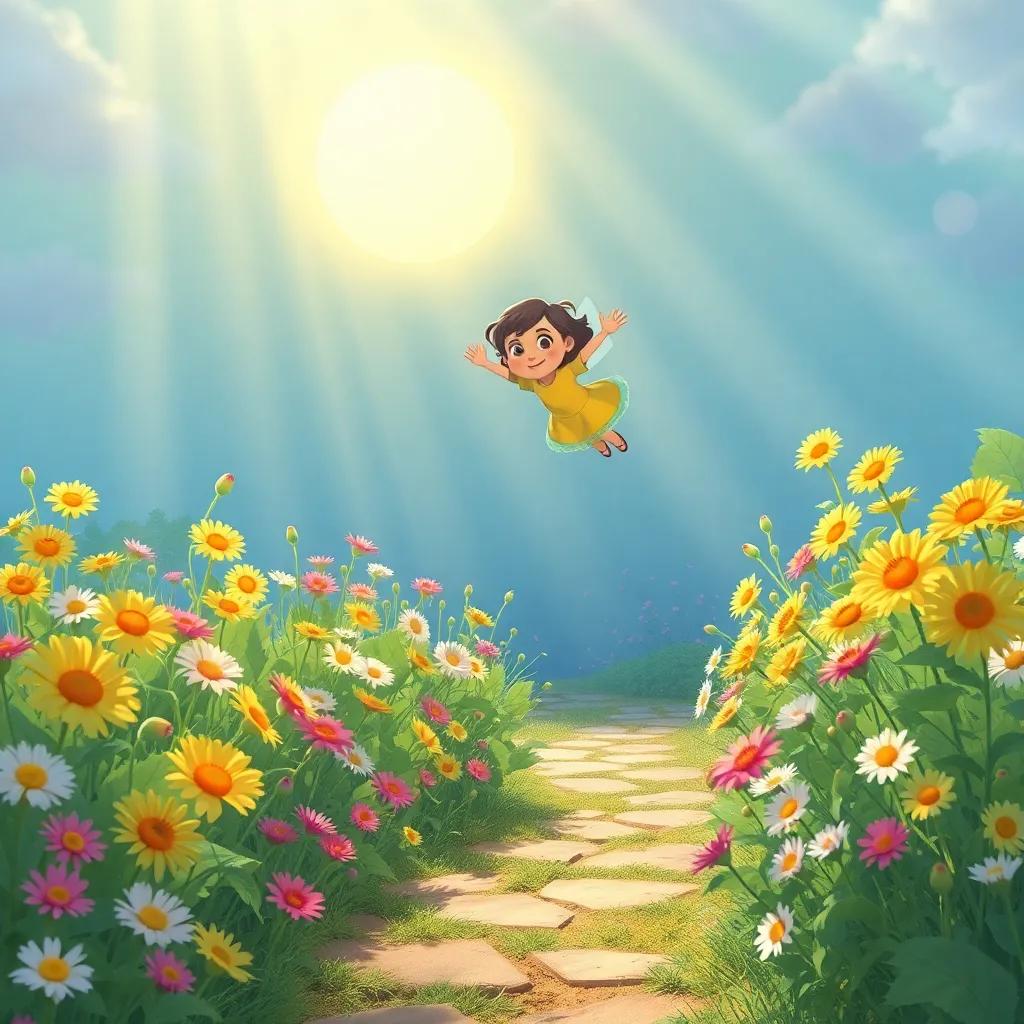 Luna flying high above the garden, exploring a path full of unknown flowers, sunlight streaming down, illustration, cheerful, adventurous, child-friendly