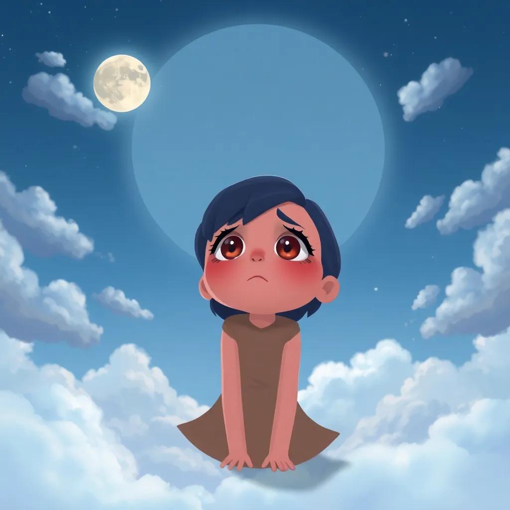 Luna looking scared and sad in the big sky, surrounded by clouds, realizing she is lost, digital painting, soft colors, emotional, heartwarming