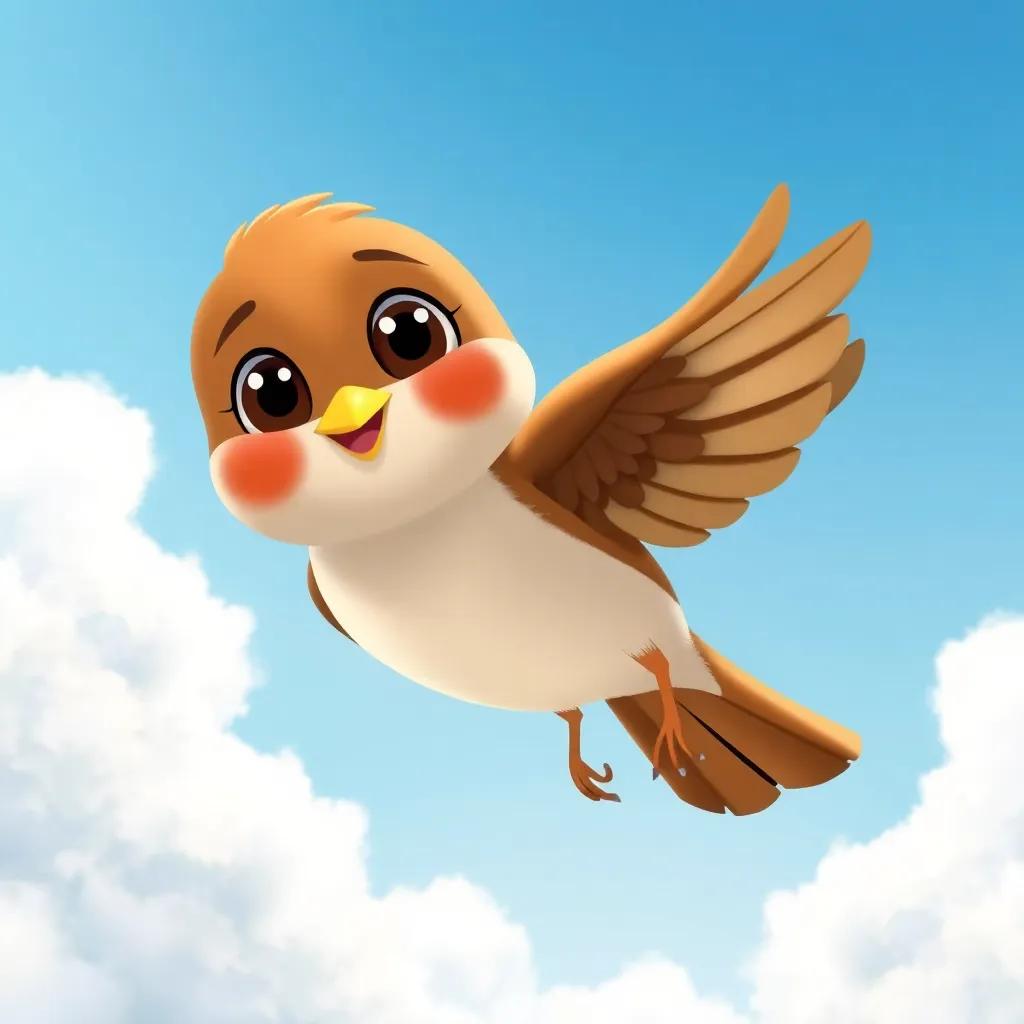 A cheerful sparrow named Pío, with brown feathers, flying alongside Luna, in the sky with fluffy white clouds, digital art, friendly, colorful, child-friendly