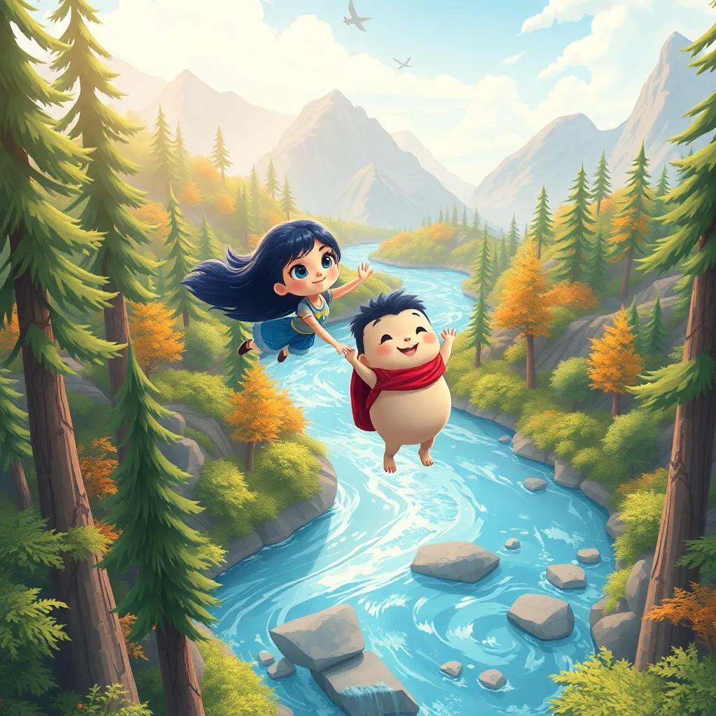 Luna and Pío soaring over tall trees and sparkling rivers, enjoying the beautiful scenery together, illustration, vibrant, adventure-themed, child-friendly
