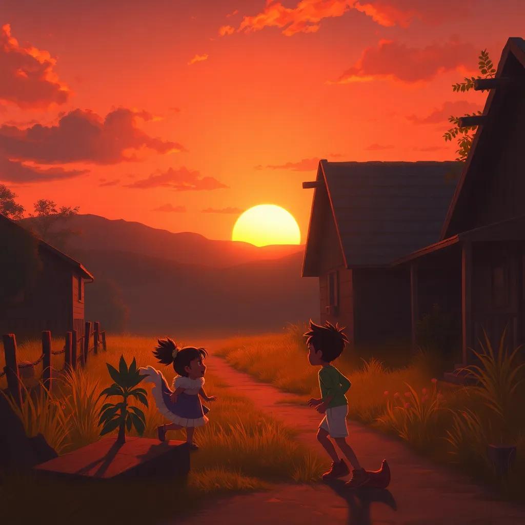 The sun starting to set, casting an orange hue in the sky while Luna and Pío hurry home, digital painting, warm colors, urgency, child-friendly