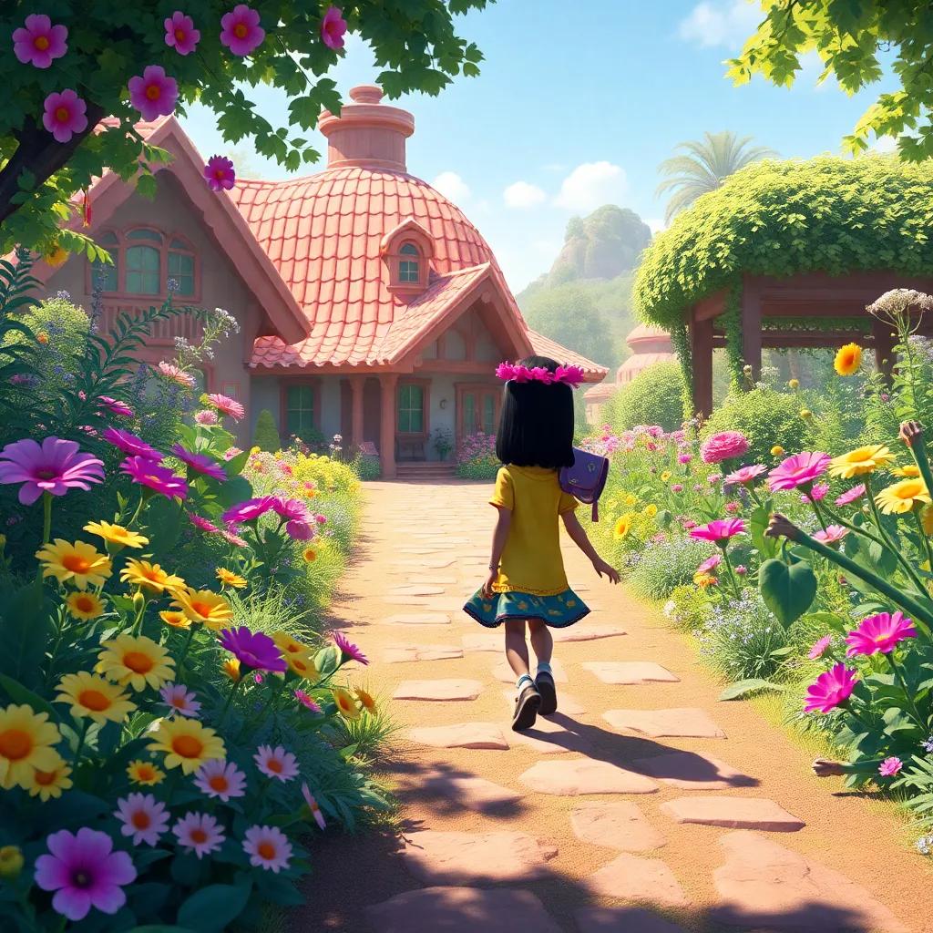 The beautiful garden of Luna, filled with flowers and greenery, in the background as they approach home, joyful atmosphere, colorful, high quality