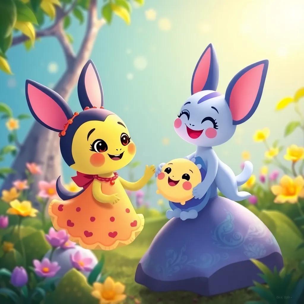 Luna and Pío landing together in Luna's garden, smiling and happy to be home, digital art, bright colors, heartwarming, child-friendly