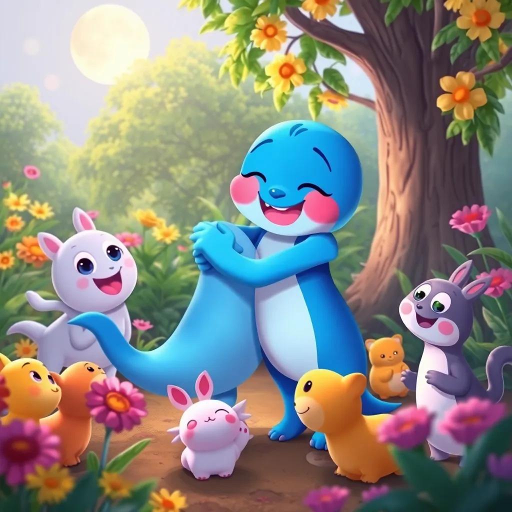 Luna giving Pío a friendly hug, surrounded by their friends in the garden, celebrating the reunion, joyful illustration, vibrant colors, heartwarming scene