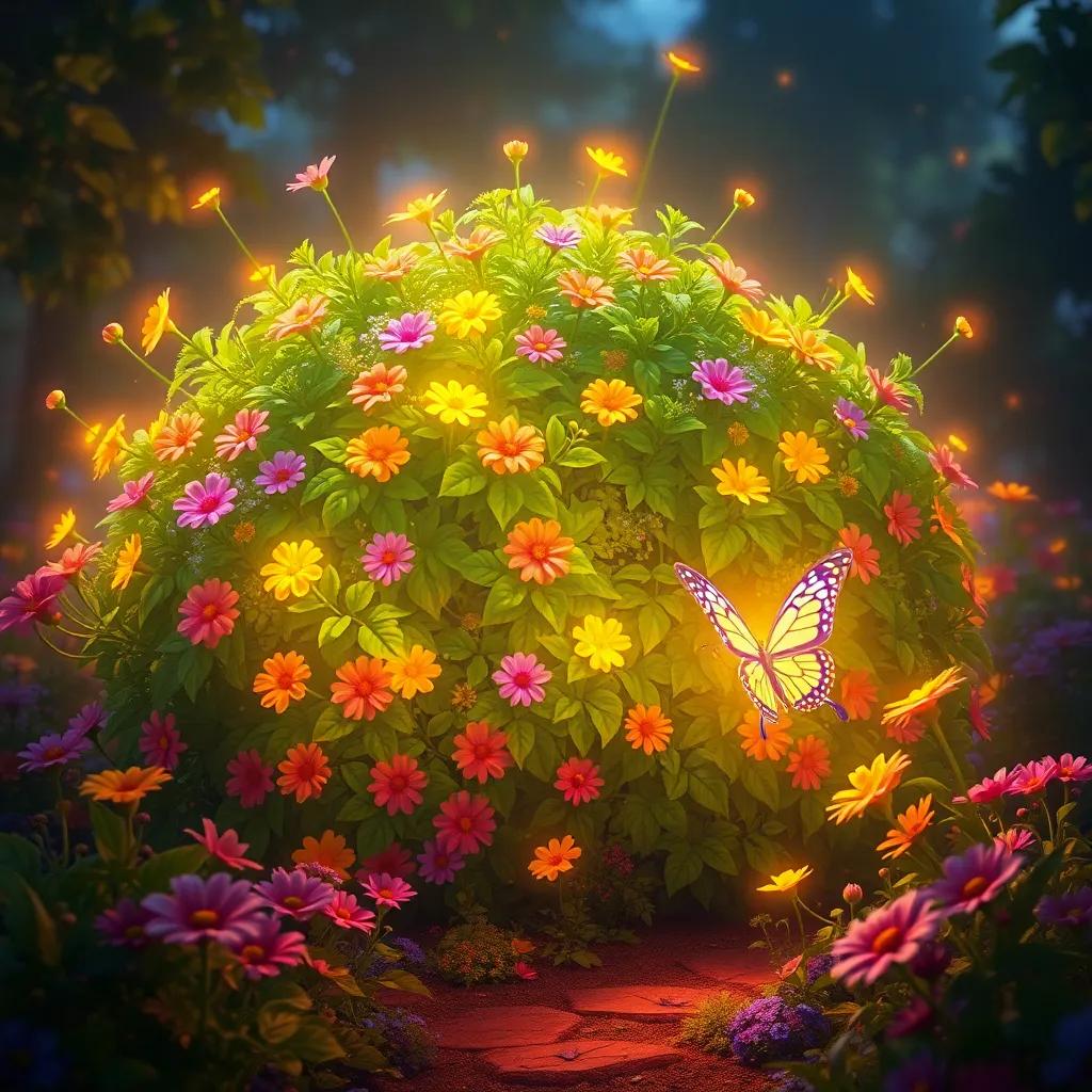 A magical bush glowing in bright colors, speaking to Lili the butterfly, surrounded by colorful flowers, digital art, enchanting light, charming scene