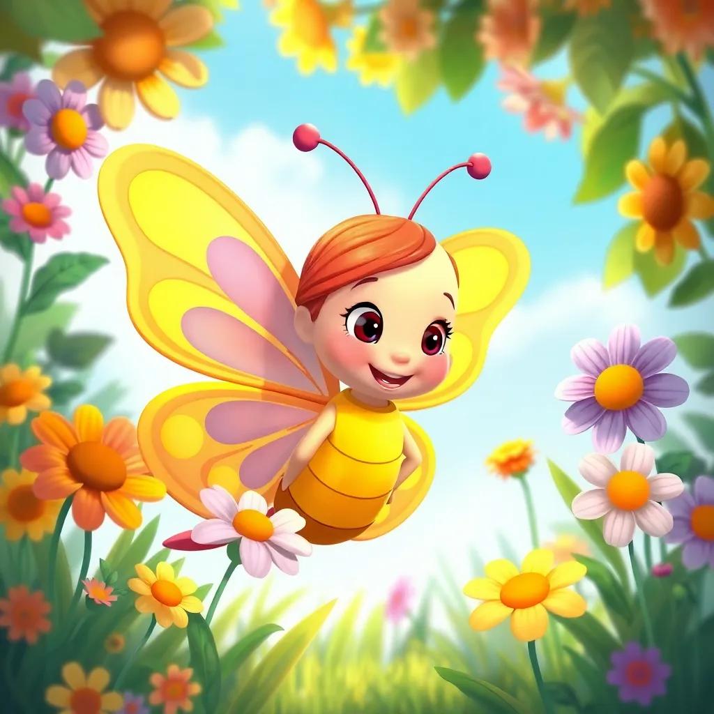 Lili the butterfly listening to chatting flowers, with happy faces and colorful petals, in a sunny garden spot, illustration, lively colors, joyful perspective