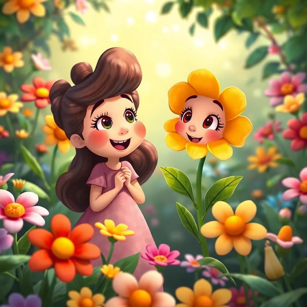 Lili and the flowers excitedly talking about a secret, colorful petals and green leaves, amidst a beautiful garden, whimsical art, friendly vibe