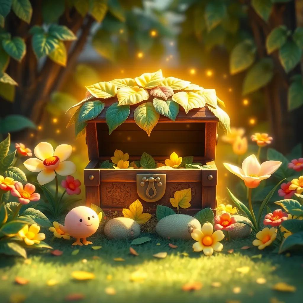 A little treasure chest covered with shining leaves in the garden, surrounded by Lili and her flower friends celebrating, warm colors, magical theme