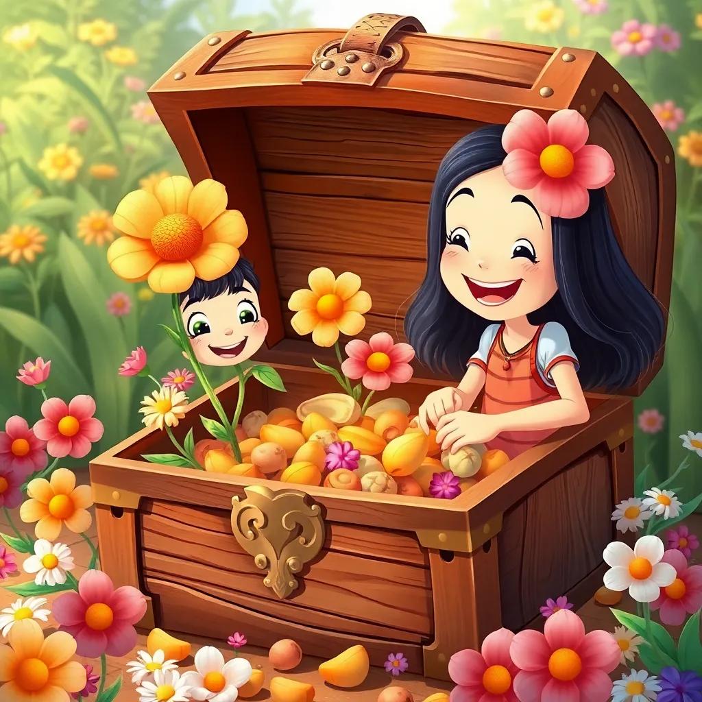 Lili and flowers joyfully discovering magical seeds in a treasure chest, full of colors and smiles, garden backdrop, heartwarming illustration