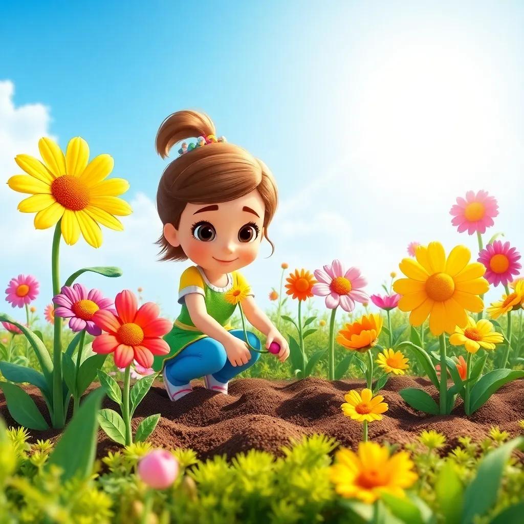Lili and her flower friends planting colorful seeds together in the garden, under a sunny sky, bright and cheerful, vibrant digital artwork
