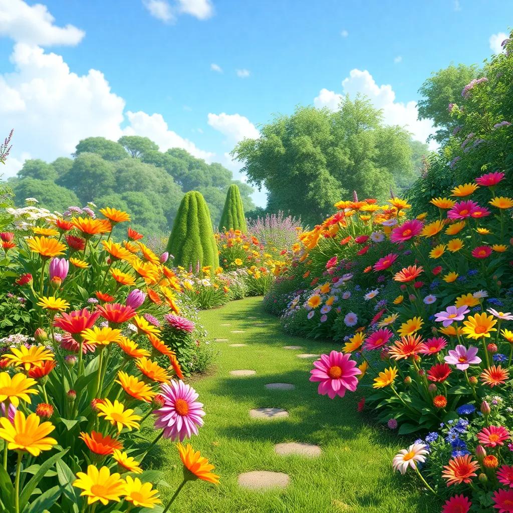 The transformed garden with an explosion of colors from the new flowers blooming, with Lili and her flower friends dancing happily, beautiful scenery