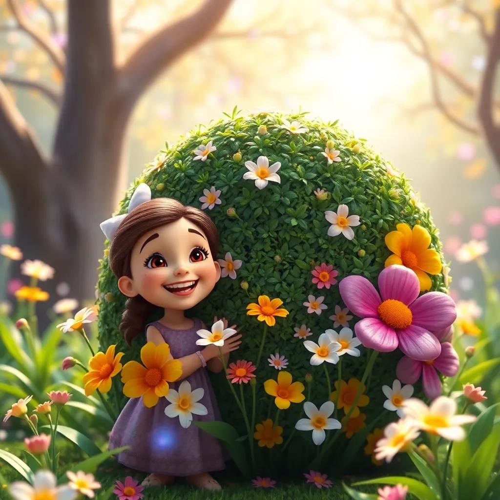 Lili and the flowers gathered around the enchanted bush, smiling and full of joy, bright colors shining in the background, magical and warm atmosphere
