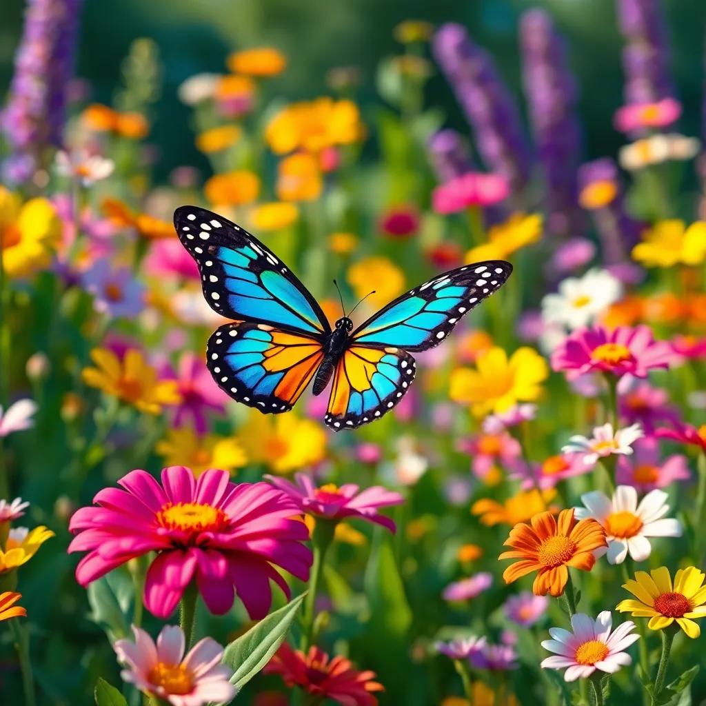 A colorful butterfly flying in a beautiful garden full of flowers, vibrant colors, cheerful atmosphere, digital art, high quality