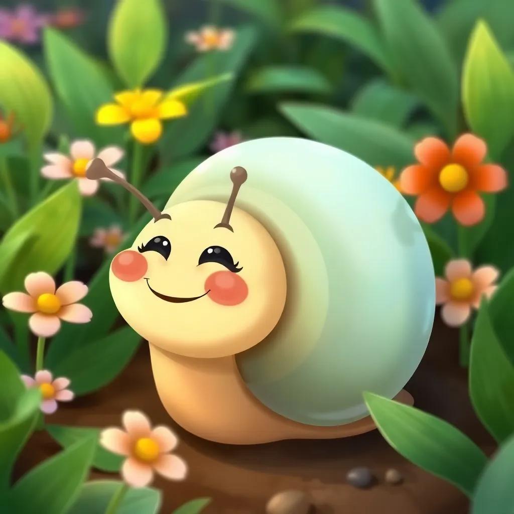 A friendly snail with a beautiful shell smiling in the garden, surrounded by green leaves and colorful flowers, cheerful mood, illustration