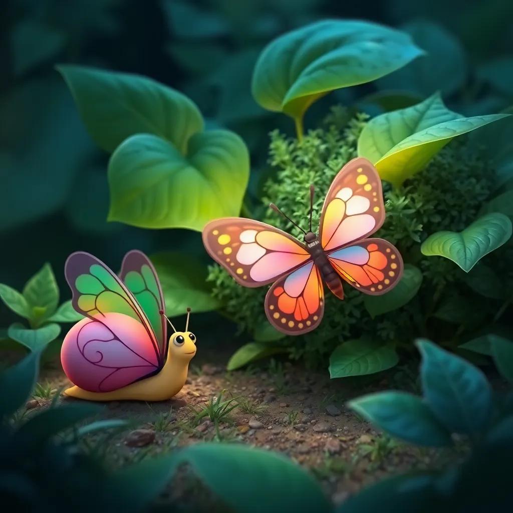A butterfly and a snail exploring together, looking at a mysterious bush with large green leaves, adventure theme, whimsical style, child-friendly