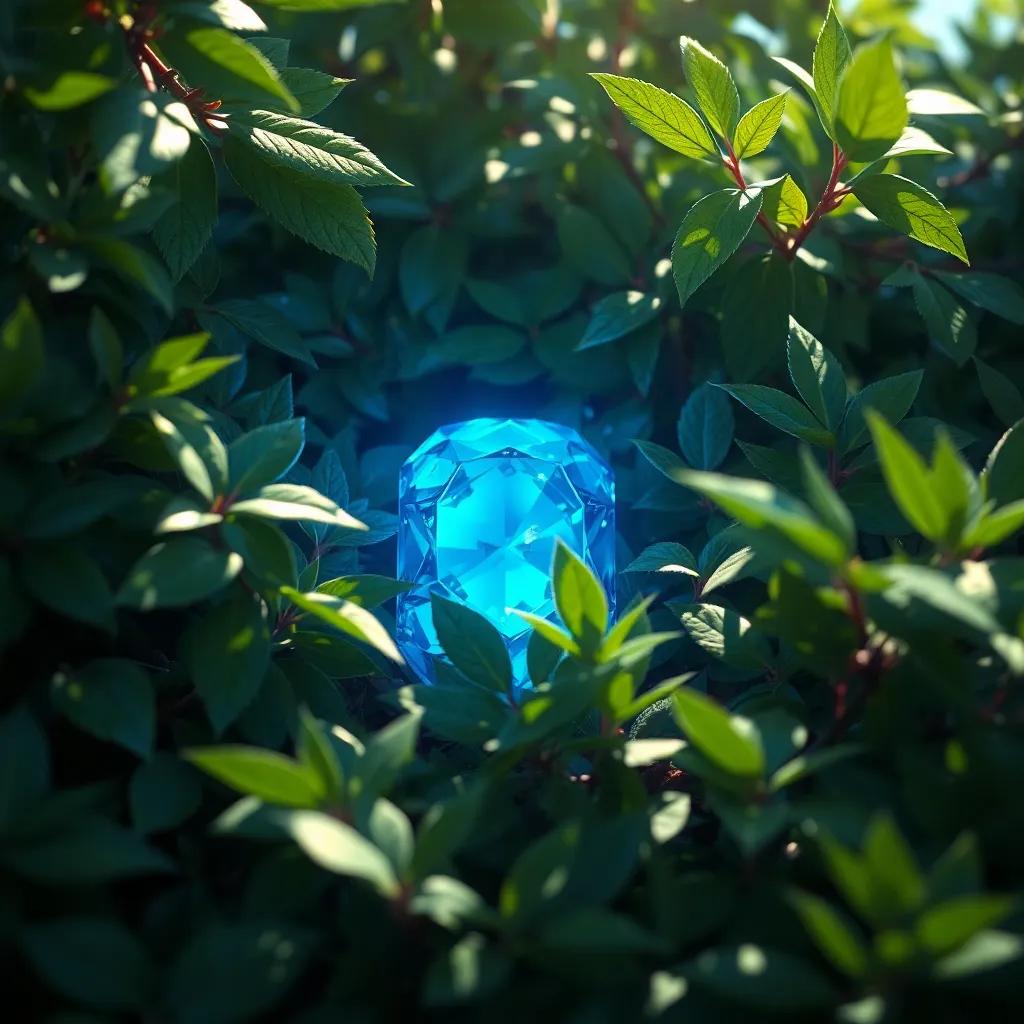 A sparkling blue gemstone hidden among the leaves of a bush, glowing in the sunlight, magical atmosphere, detailed digital art