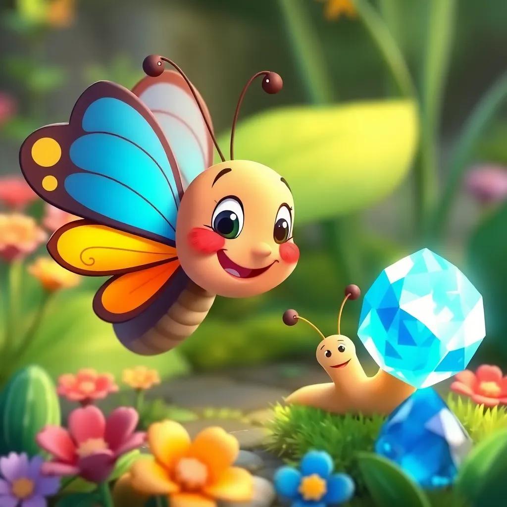 A happy butterfly and a curious snail looking at a shiny blue gem, cheerful expressions, bright and colorful garden, illustration
