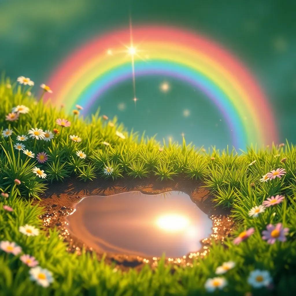 A sparkling rainbow reflected in a small puddle, surrounded by flowers and grass, enchanting and colorful, digital art
