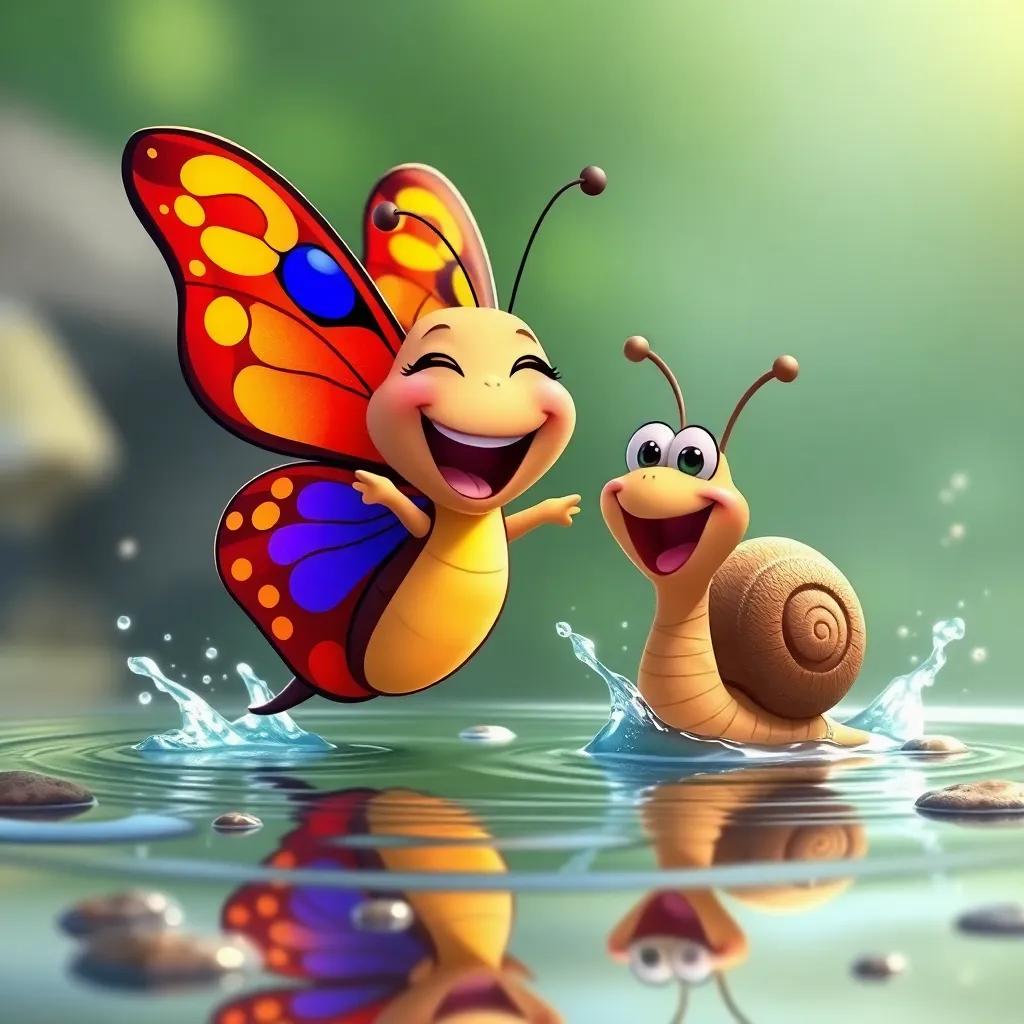 A joyful butterfly and a snail playing by the water, splashing and laughing, cheerful scene, vibrant colors, high quality