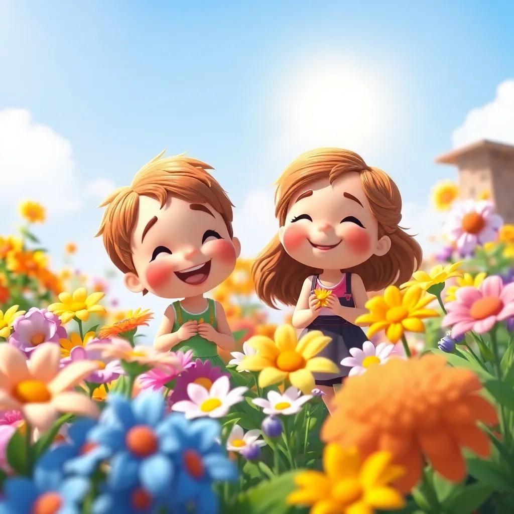 Two friends playing happily around colorful flowers, enjoying the sunny day in the garden, warm colors, inviting atmosphere