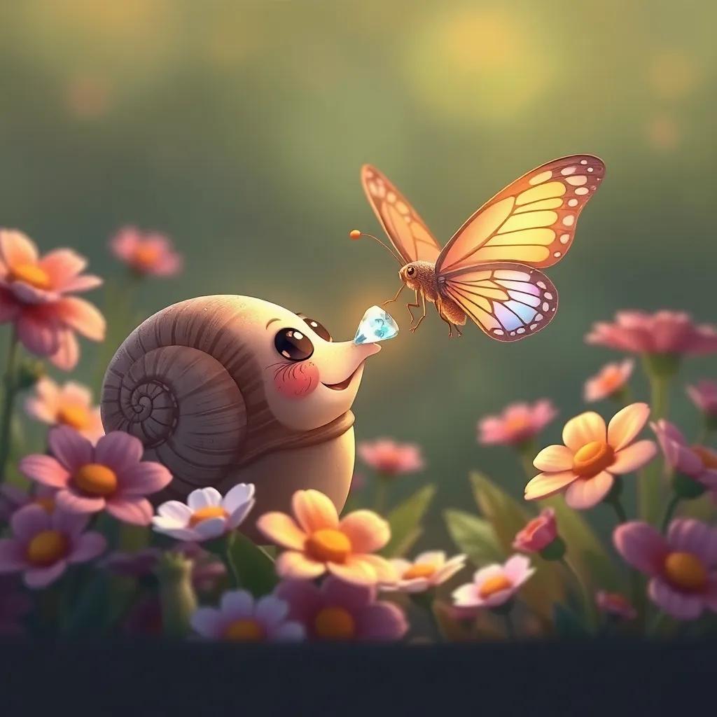 A snail receiving a beautiful gemstone from a butterfly, surrounded by flowers, friendship theme, heartwarming atmosphere, illustration