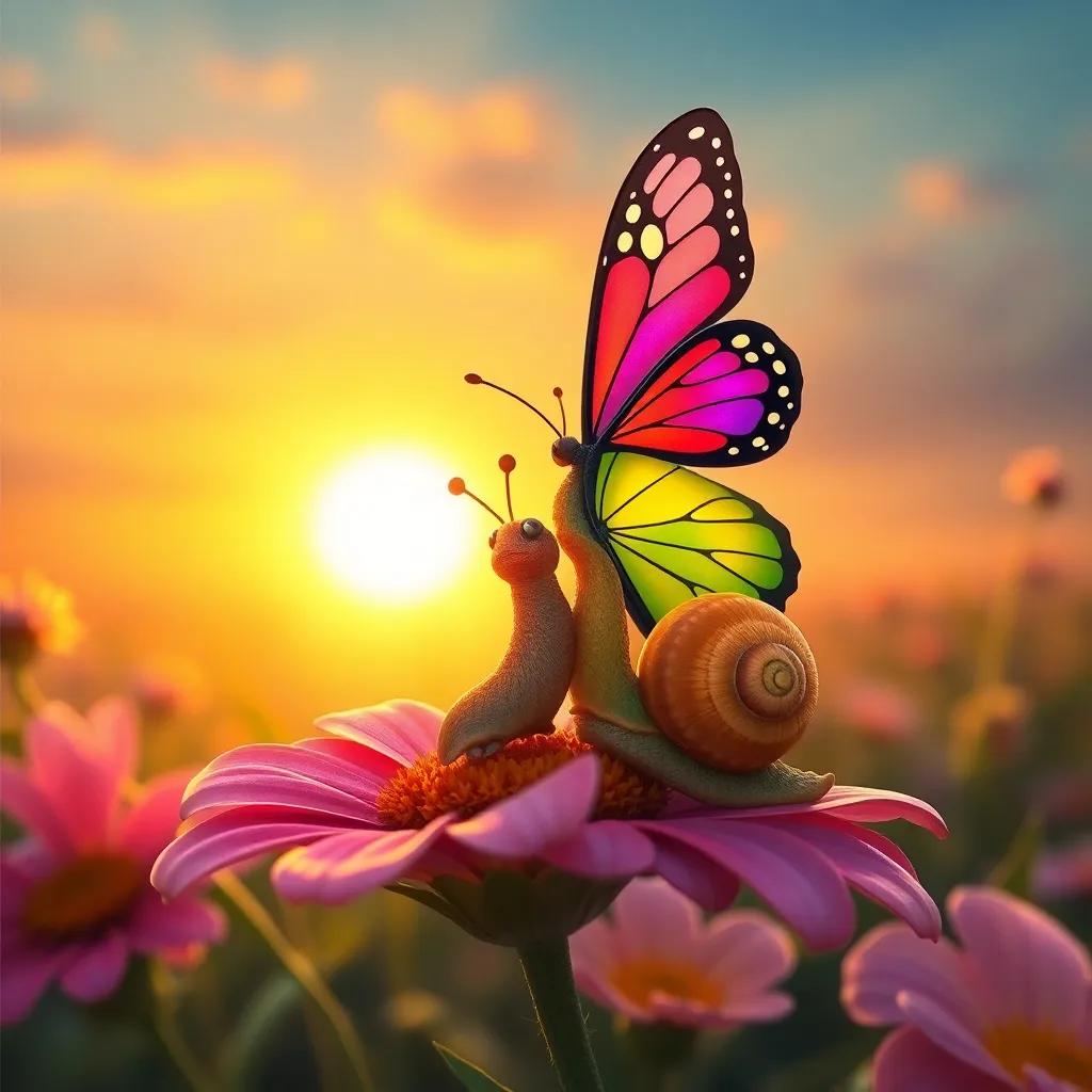 A butterfly and a snail sitting together on a flower, gazing at the sunset, signifying their friendship and adventures together, dreamy atmosphere, high quality