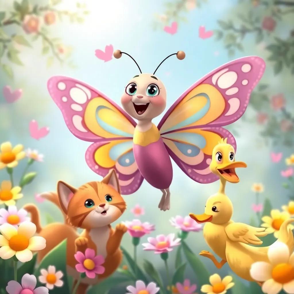 Bella the butterfly happily flying with her friends, a cat, a dog, and a duck, all looking excited about the surprises, cheerful expressions, surrounded by flowers, digital illustration, colorful and friendly, high quality