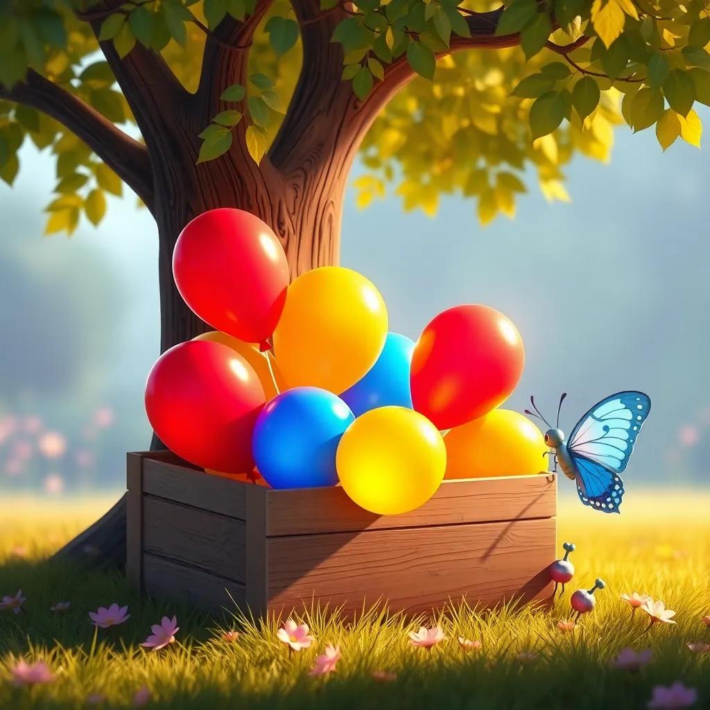 A box of colorful balloons found under a tree, with Bella the butterfly nearby, the balloons are red, yellow, and blue, bright colors and enchanting light, cute style, high quality