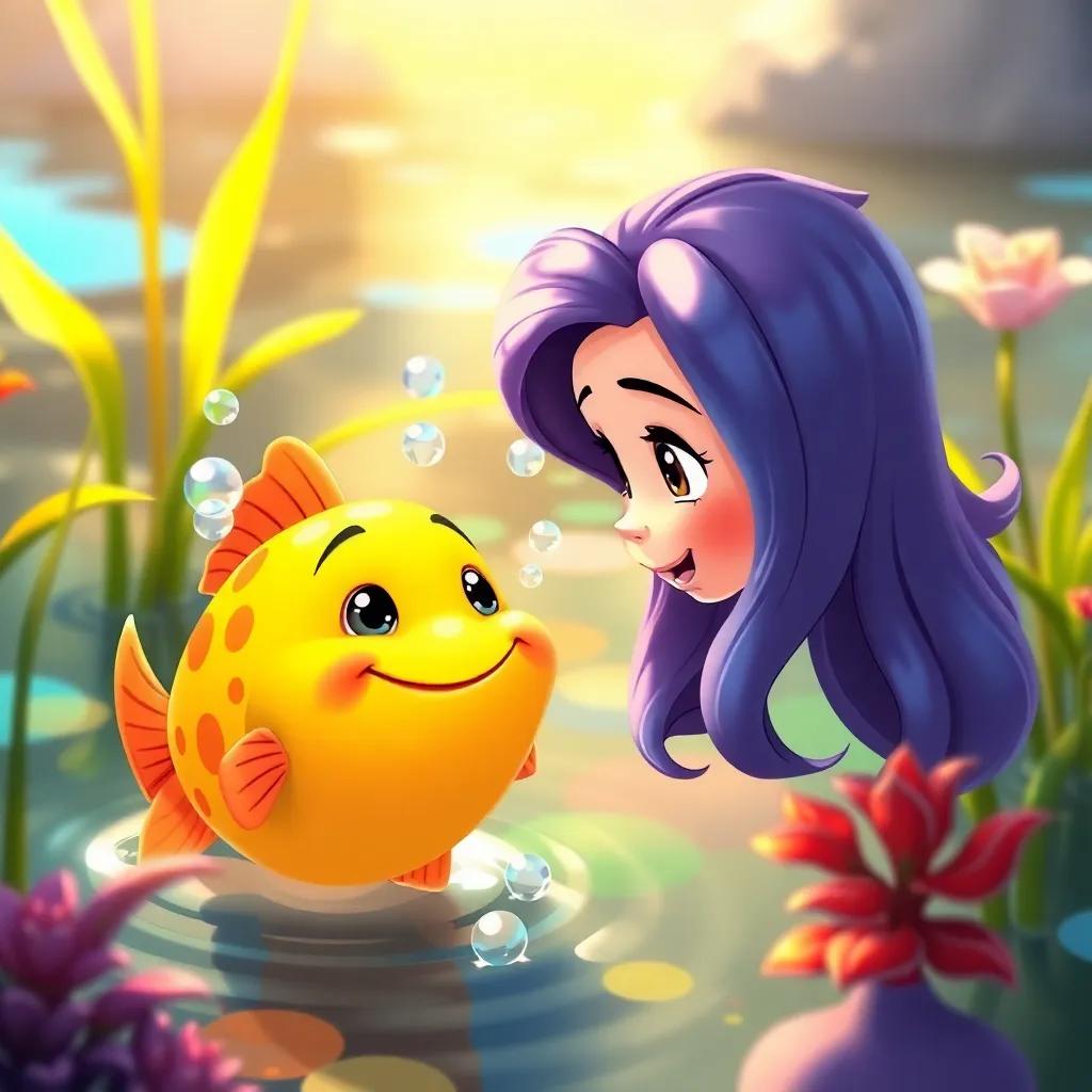 Bella talking to cheerful fish in a pond, the fish making bubbles and looking excited, vibrant water and green plants, warm atmosphere, digital illustration, high quality
