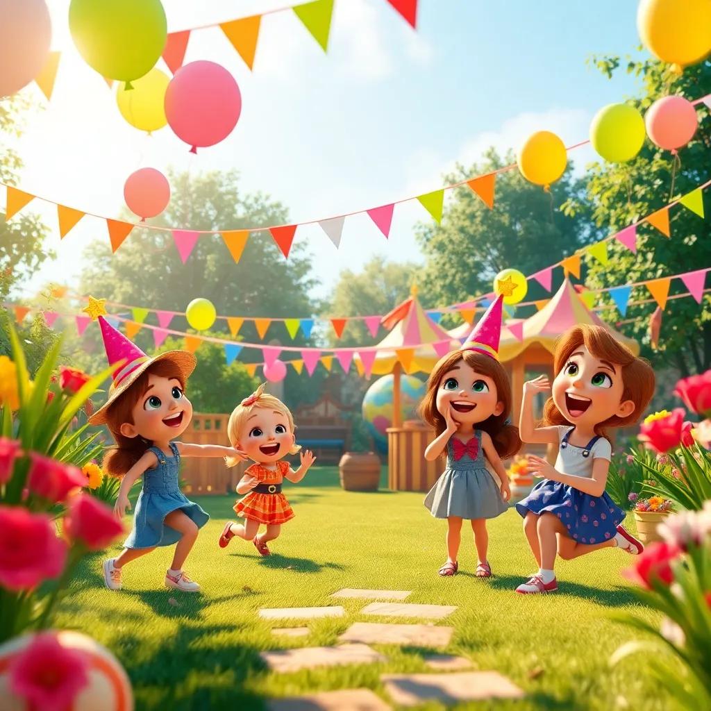 A joyful carnival scene in the garden with Bella's friends playing and laughing, colorful decorations, balloons floating in the air, warm sunlight, digital art, vibrant and lively, high quality