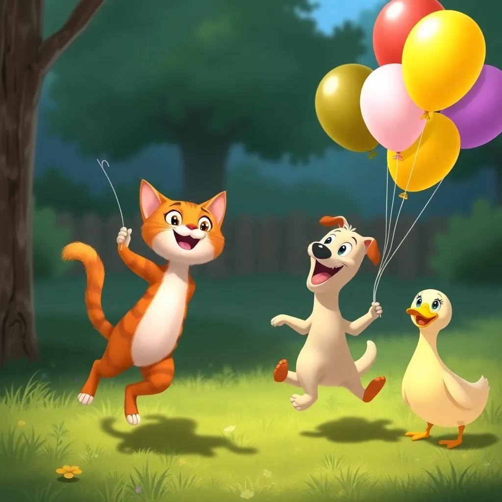 The cat chasing balloons while the dog tries to catch shadows, the duck happily singing nearby, a fun and playful atmosphere, bright color palette, digital illustration, child-friendly, high quality