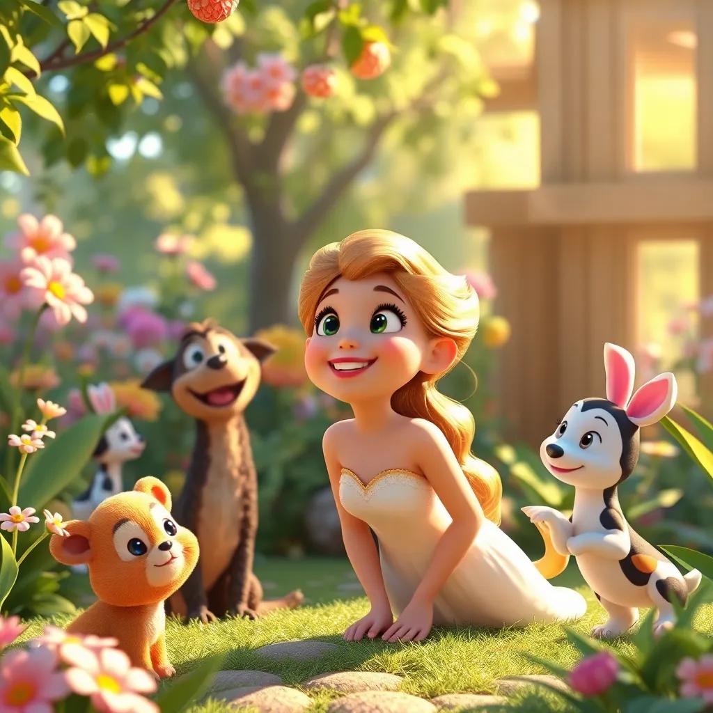 Bella smiling as she watches her friends having fun, the garden filled with laughter and surprises, beautiful scenery and warm light, cheerful and cozy, digital art, high quality