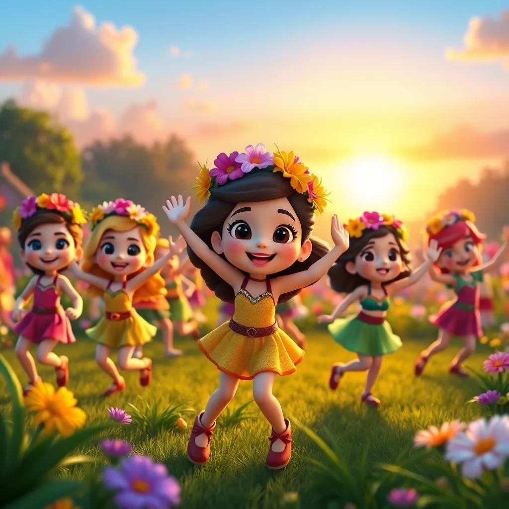 A parade in the garden with Bella and her friends showcasing their best moves, wearing flower crowns, a beautiful sunset in the background, joyful expressions, digital art, colorful and festive, high quality