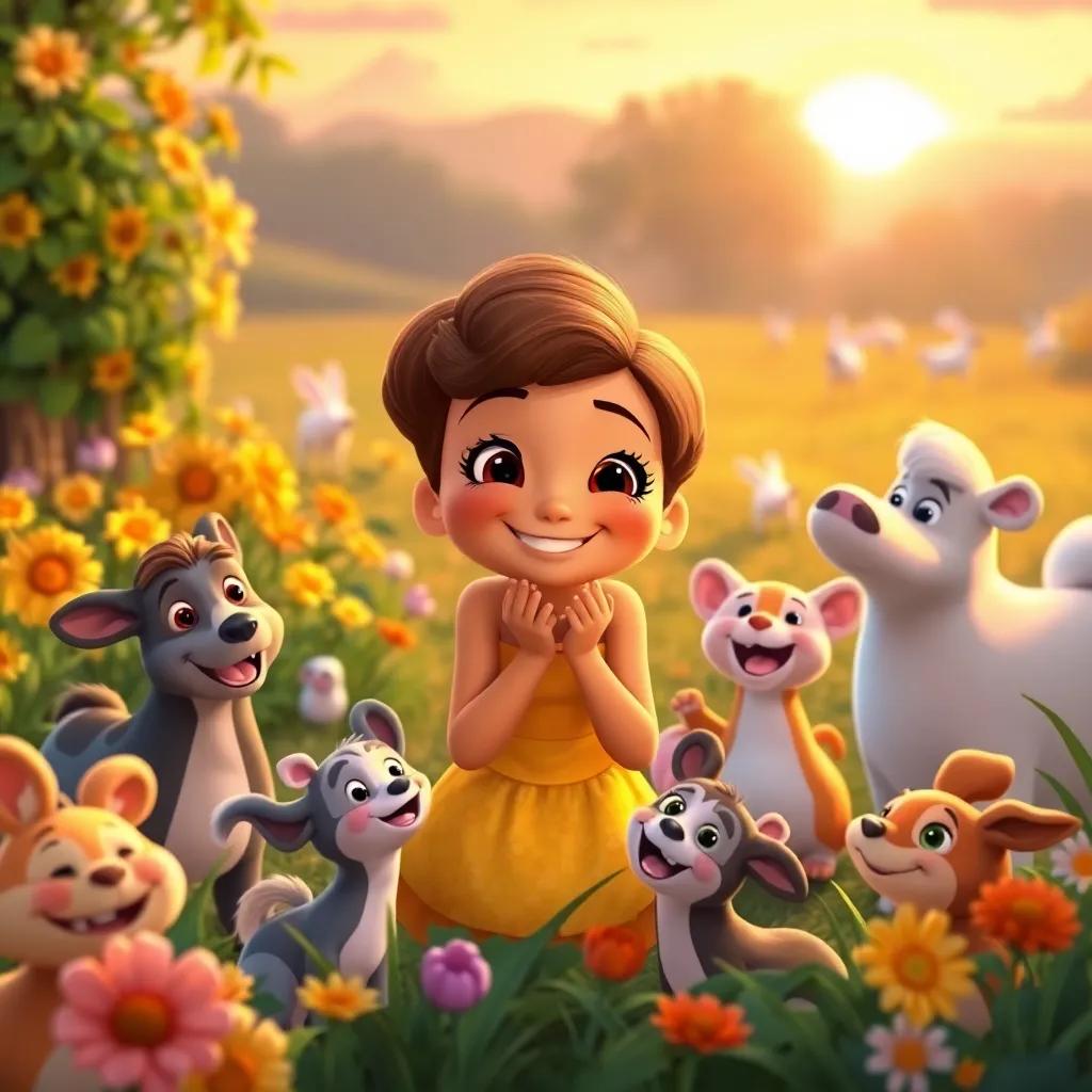 Bella thanking her friends with a big smile, surrounded by happy animals in a garden full of joy, the sun setting with warm colors, heartwarming scene, digital illustration, high quality