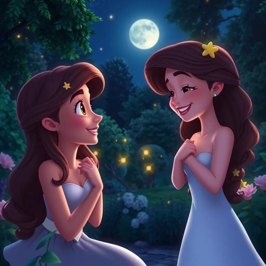 Bella reflecting on friendship and joy, with a peaceful garden background at night, glowing stars and a soft moonlight, serene atmosphere, digital painting, high quality
