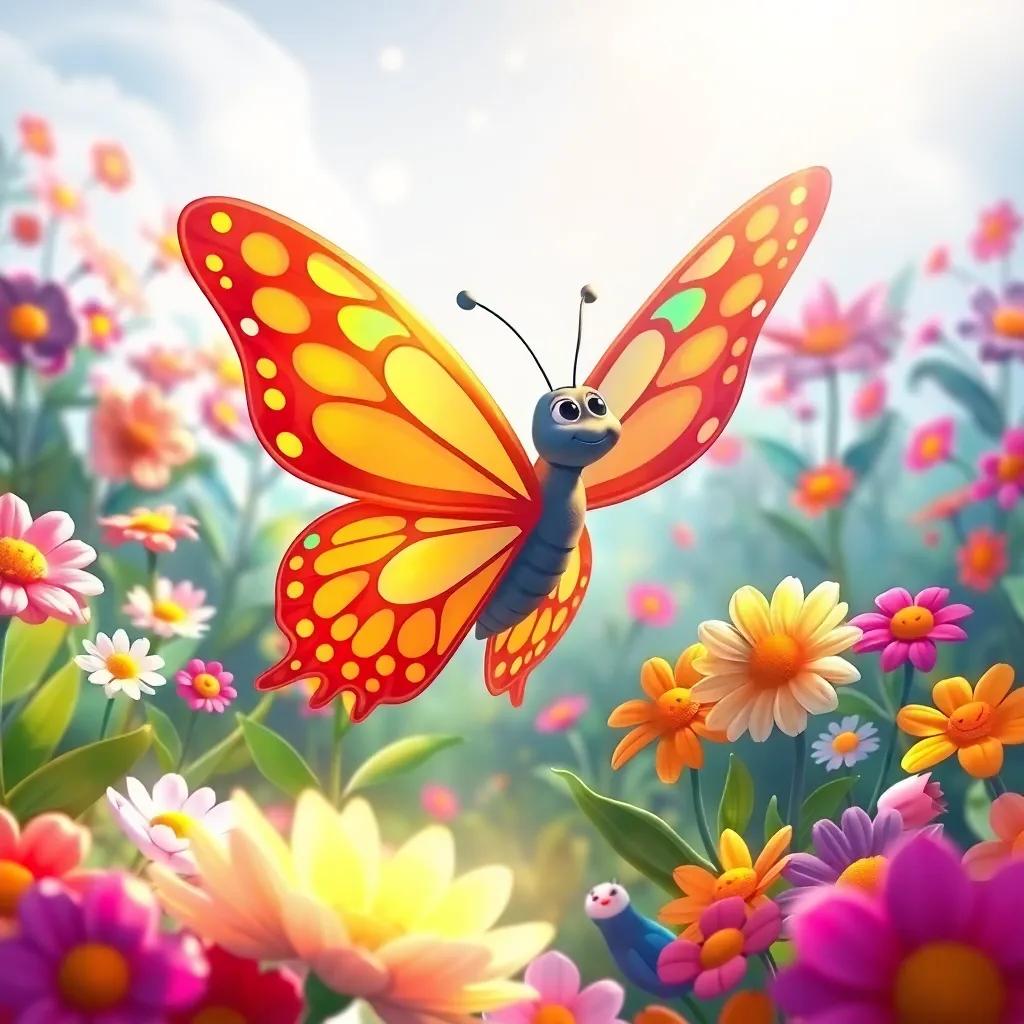 Luna, the butterfly, in a magical garden, with flowers of all colors greeting her, vibrant and lively, smiling faces on the flowers, cartoon style, warm light, joyful scene, high quality