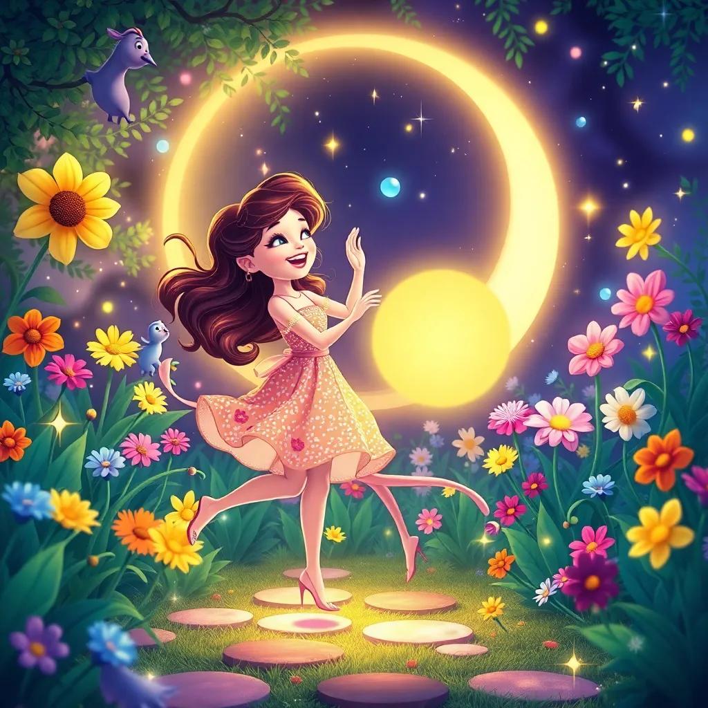 Luna dancing with the colorful flowers, spinning and laughing together, the garden illuminated with sparkles and colors, lively atmosphere, cheerful, detailed illustration, high quality