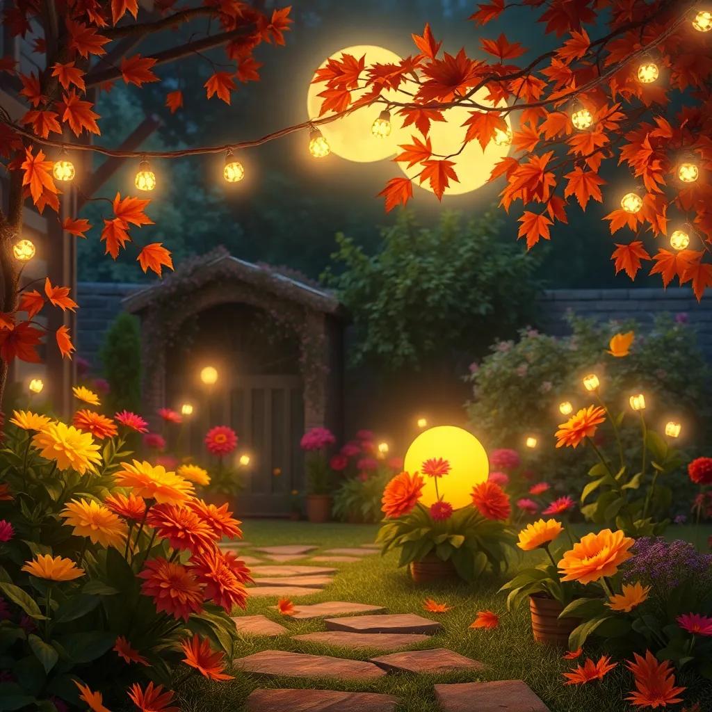 Luna and the flowers decorating the garden with bright lights and autumn leaves, preparation for a party, magical setting, warm colors, high quality