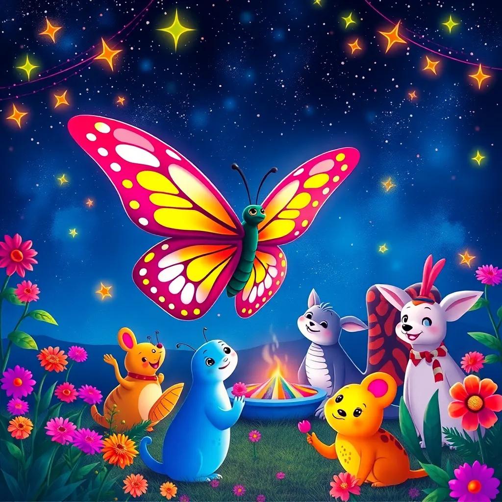 Luna, the butterfly, and garden animals enjoying the color party under the stars, a vibrant and magical scene, with happy faces, celebrating together, night sky, beautiful colors, high quality
