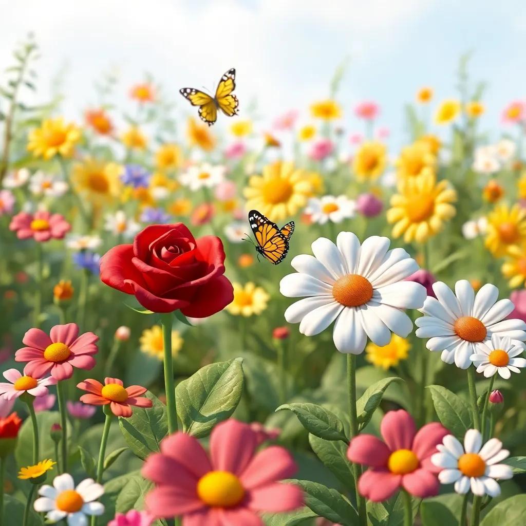 A lively flower garden with various flowers dancing and singing, featuring a red rose and a white daisy welcoming a butterfly, cartoon style, cheerful setting, colorful, child-friendly