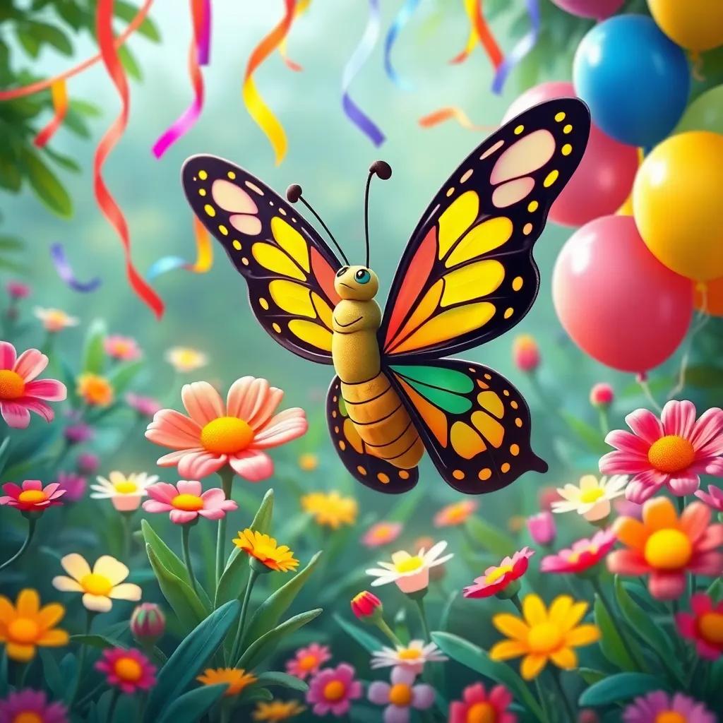 The butterfly organizing a colorful party in the garden, with flowers glowing in excitement, a festive atmosphere with streamers and balloons, whimsical art, lively colors, celebration mood, high quality