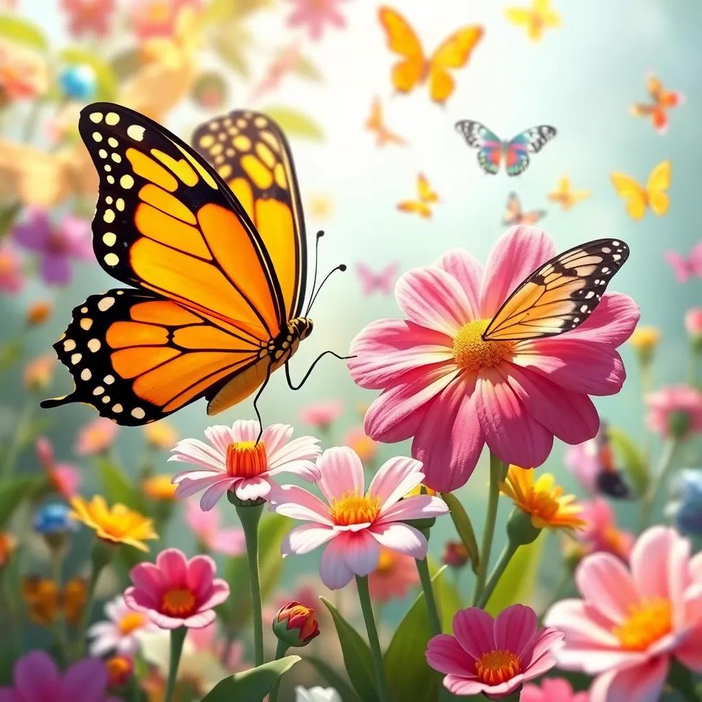 The butterfly and flowers playing games together, like petal races and dance, surrounded by more butterflies and colorful decorations, joyful scene, bright and vibrant colors, engaging imagery