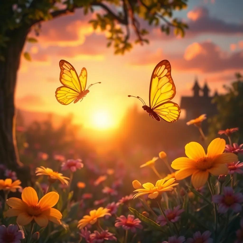 The sunset over the enchanted garden, glowing softly as the butterfly and flowers share smiles and laughter, creating a magical atmosphere with warm hues, heartwarming, beautiful imagery