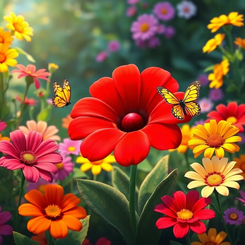 A red flower named Rosa talking to the butterfly, surrounded by other colorful flowers in a lush garden, warm colors and friendly expressions, bright and cheerful, high quality