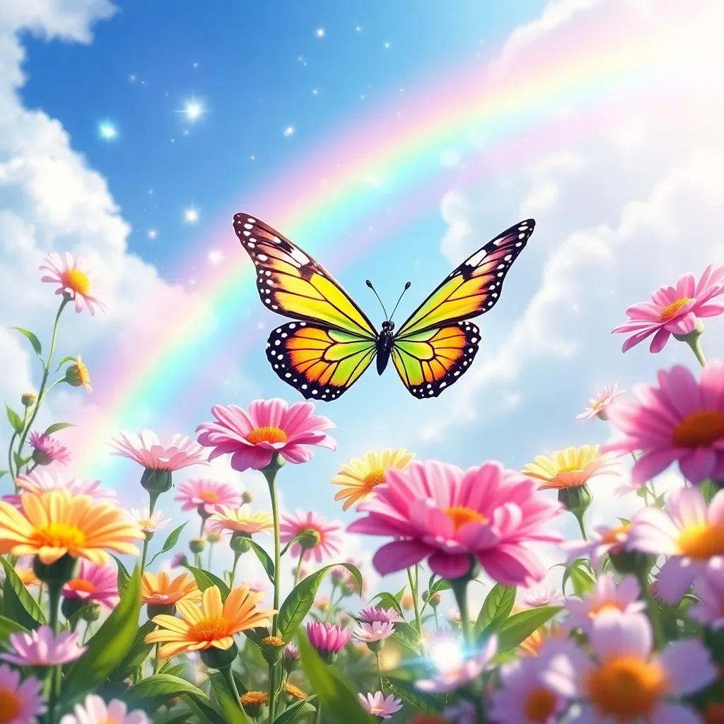 A beautiful scene of the butterfly flying among the flowers, creating a rainbow in the sky, joyful dancing flowers and sparkling lights, fantasy art style, vibrant and lively