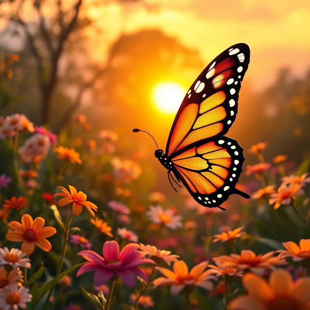 The butterfly waving goodbye to the flowers in the enchanted garden, a golden sunset lighting up the scene, warmth and happiness in the atmosphere, uplifting imagery, high detail