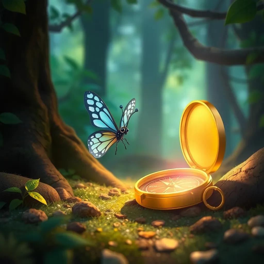Luna the butterfly discovering a shiny golden compass on the forest floor, with sunlight glistening on the compass, detailed illustration, magical feel, warm light, inviting perspective