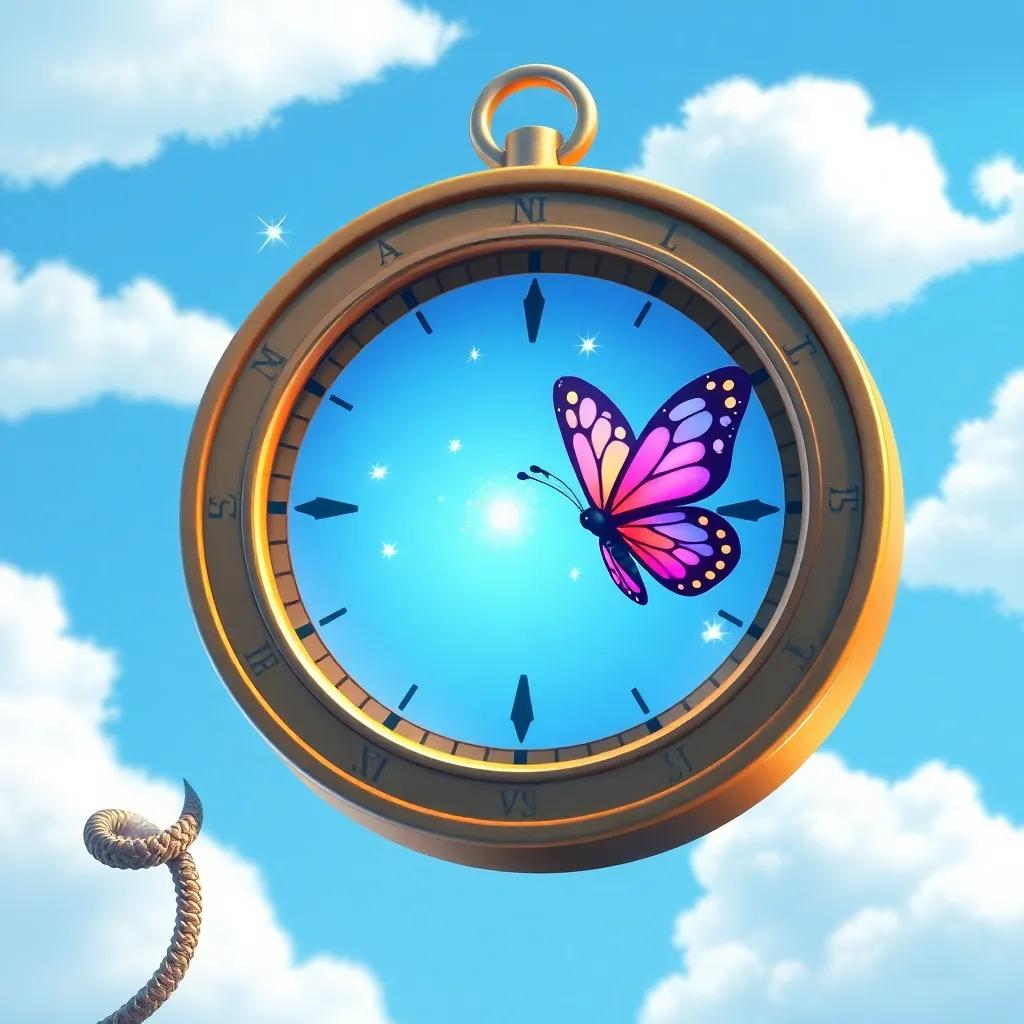 A magical compass speaking to Luna the butterfly, with sparkles around it, set against a bright blue sky and fluffy white clouds, whimsical style, cheerful colors, high quality